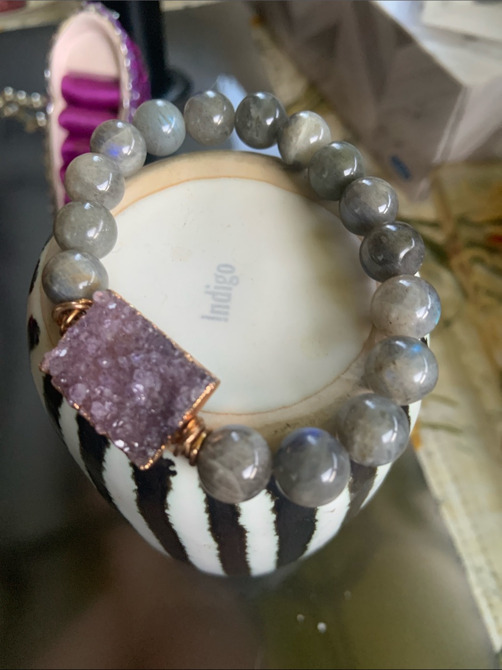 Labradorite Beaded Bracelet with Pink Druzy Accent